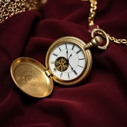 A meticulously crafted golden pocket watch, displayed open against a rich burgundy velvet backdrop. The intricate gears and c