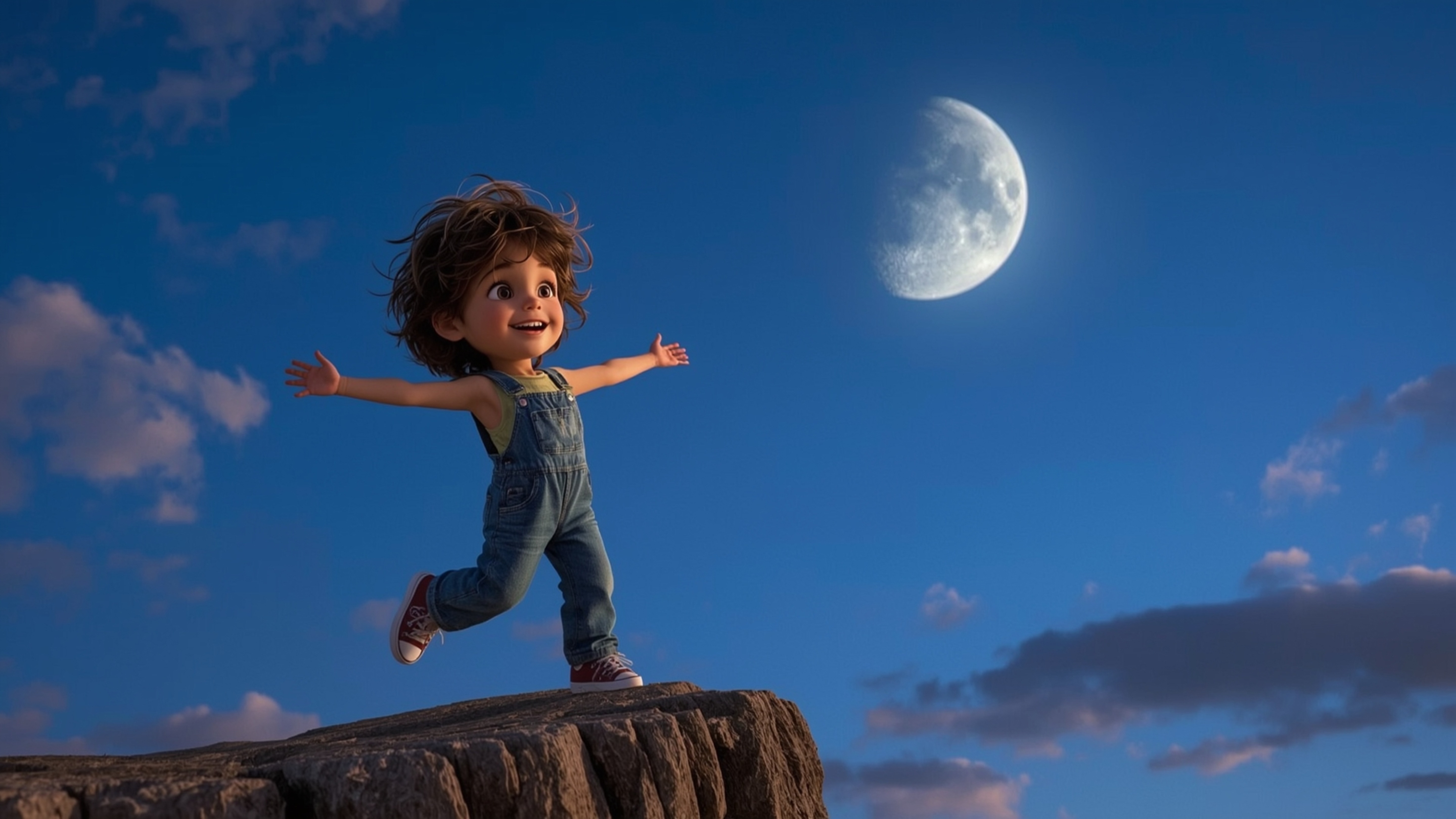 Experience a thrilling moment of childhood magic with this breathtaking, whimsical photograph in the style of Pixar. A joyful