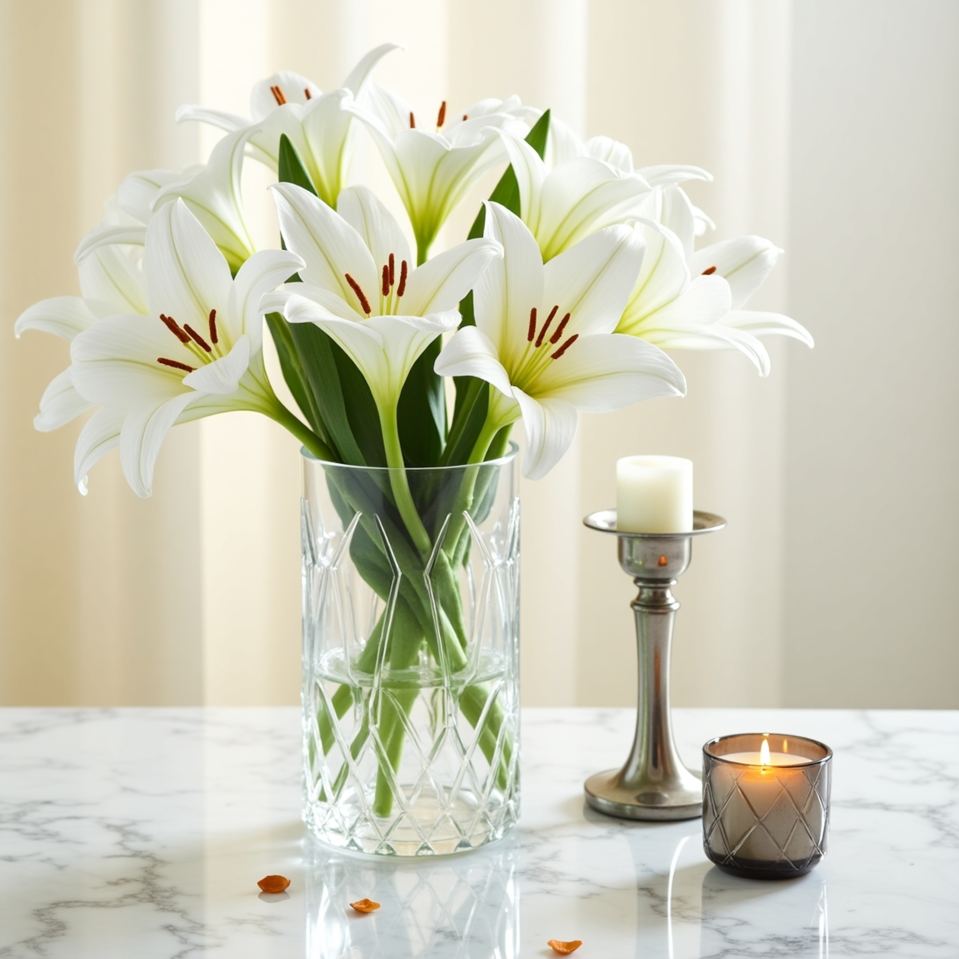 A captivating image showcasing a delicate bouquet of pure white lilies in an exquisite crystal vase. The scene is completed w