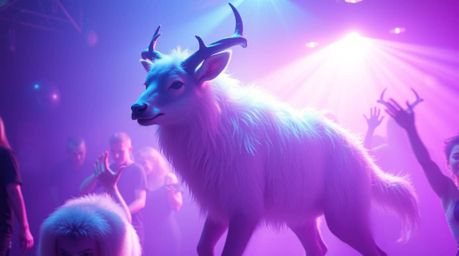 Immerse yourself in an ethereal animal dance party bathed in deep ultraviolet light. Experience a mystical atmosphere with hi