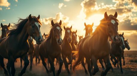 An extreme macro close-up captures a herd of wild horses running under a vibrant, glowing sky.  The image utilizes strong har