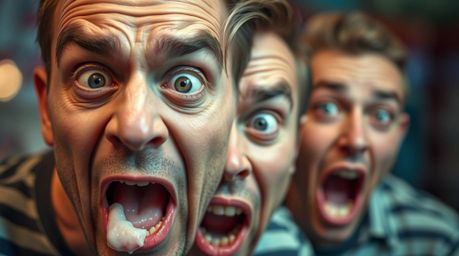 Experience a hilarious gross-out comedy moment captured with striking detail. The scene features exaggerated expressions, a s