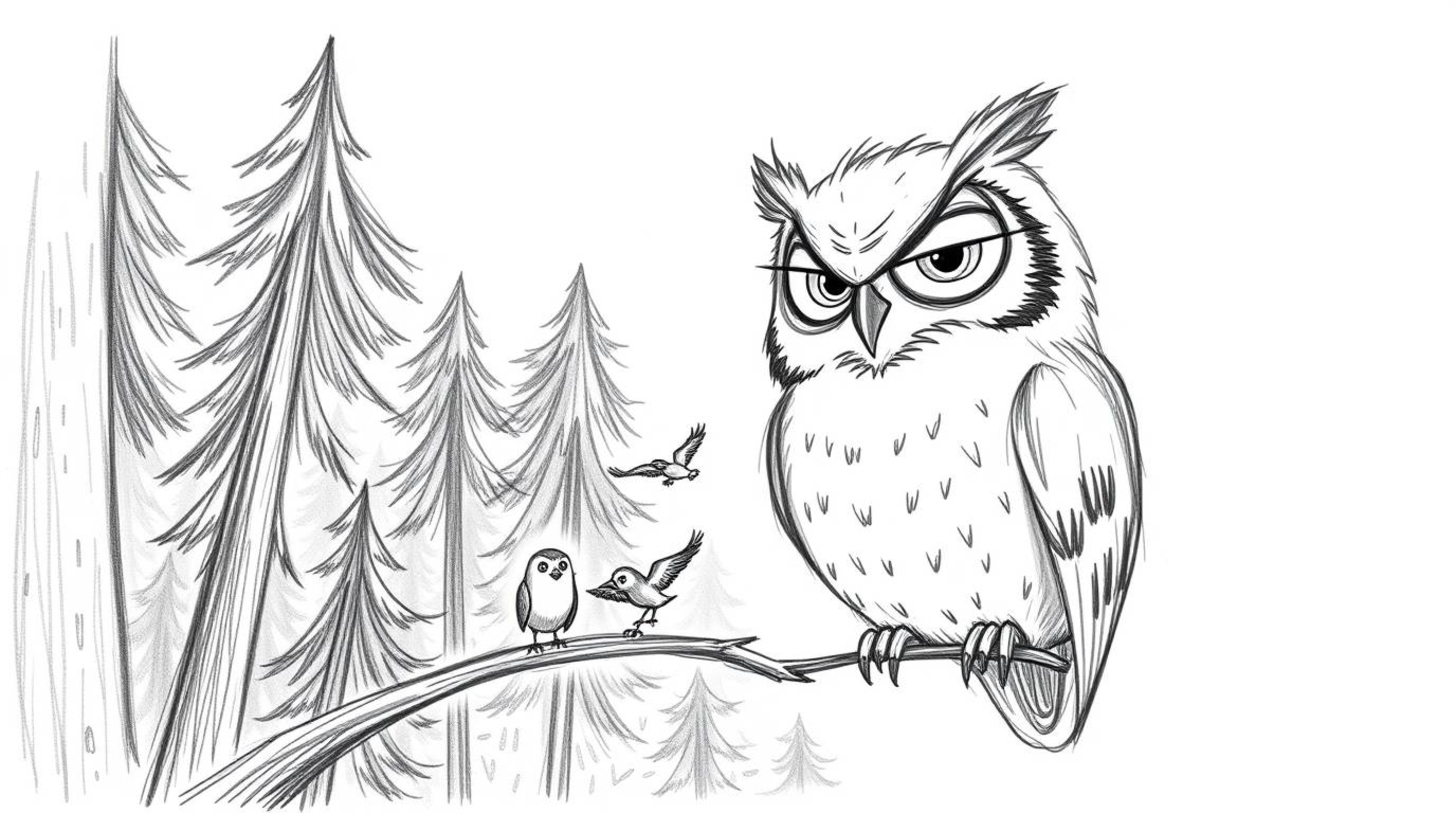 A charming hand-drawn sketch in the style of Pixar depicts a wise-looking blind owl with expressive eyes guiding small birds 