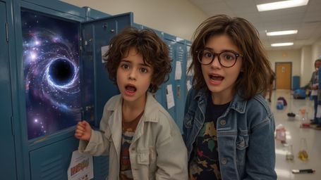 a vibrant and whimsical photograph resembling Pixar's signature style, depicting a duo of excited and disheveled science fair