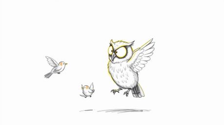 A hand-drawn sketch in Pixar style depicts a blind owl with golden feathers glowing in a sunbeam, teaching small birds how to