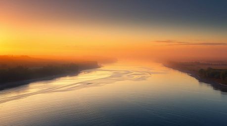 Experience the breathtaking beauty of a river delta at twilight.  This captivating scene features radiant and luxurious color