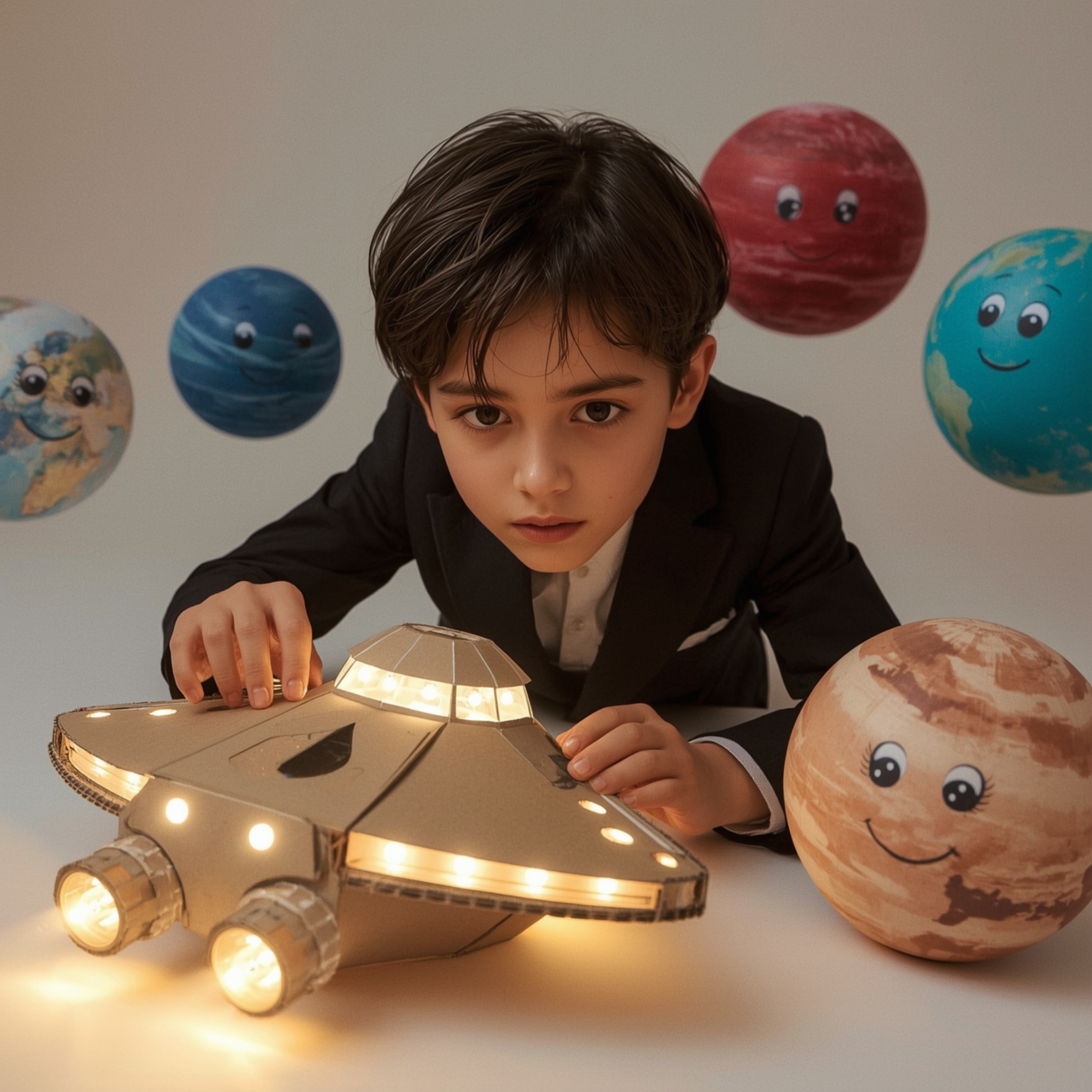 Exquisite high-fashion photography captures a boy with bright, curious eyes building an intricately designed cardboard spaces