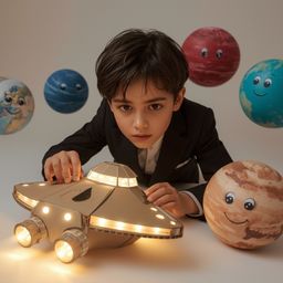 Exquisite high-fashion photography captures a boy with bright, curious eyes building an intricately designed cardboard spaces