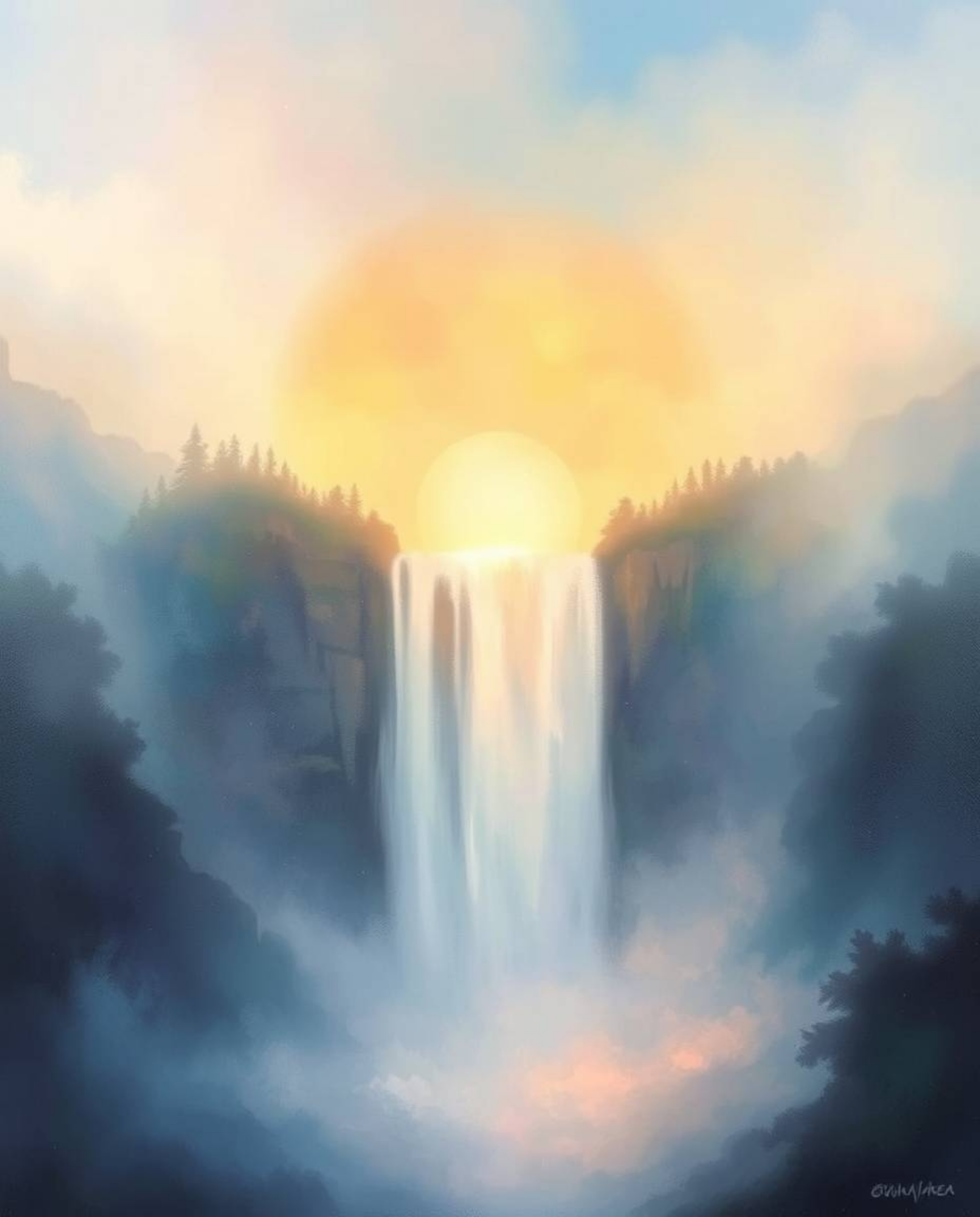 An ethereal, spiritual vibe painting of a sun setting behind a dramatic waterfall. This artwork captures a mystic, enchanting