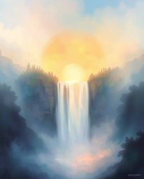 An ethereal, spiritual vibe painting of a sun setting behind a dramatic waterfall. This artwork captures a mystic, enchanting