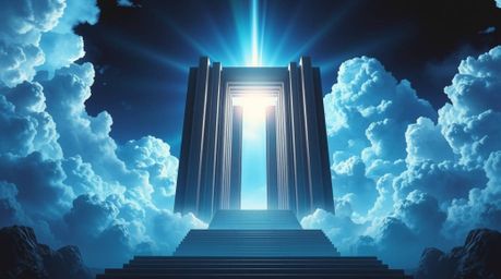 A breathtaking scene unfolds, showcasing a modern, futuristic heavenly gate, illuminated by epic lens glow lighting.  Cool bl