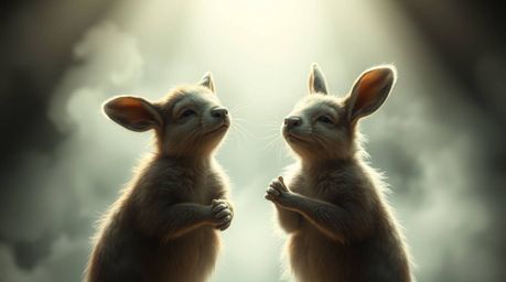 An ethereal and spiritual image depicts two talking animals engaging in mischievous antics.  The scene is characterized by st