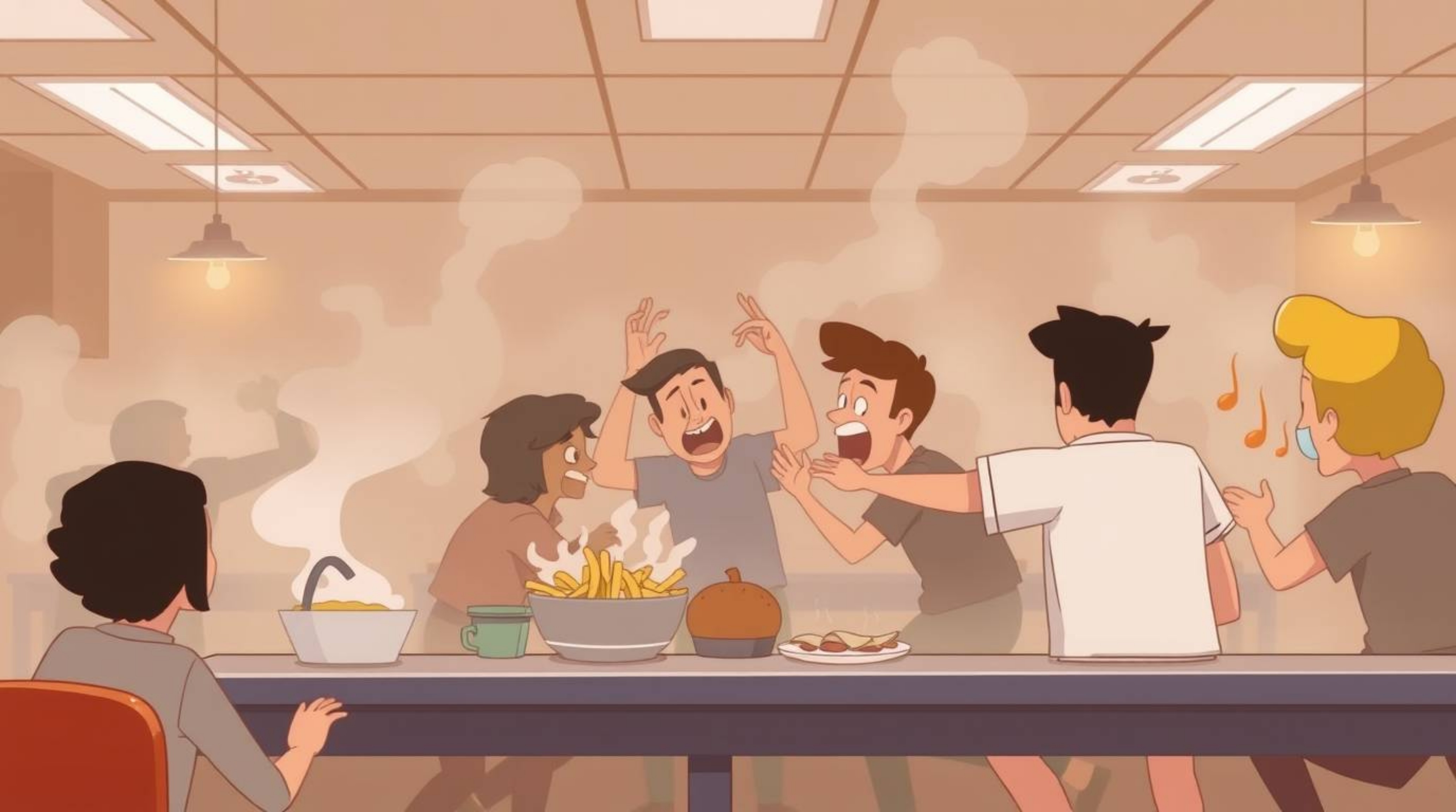 A chaotic cartoon cafeteria scene erupts into a wild food fight, rendered in muted browns and beiges with a thick fog obscuri