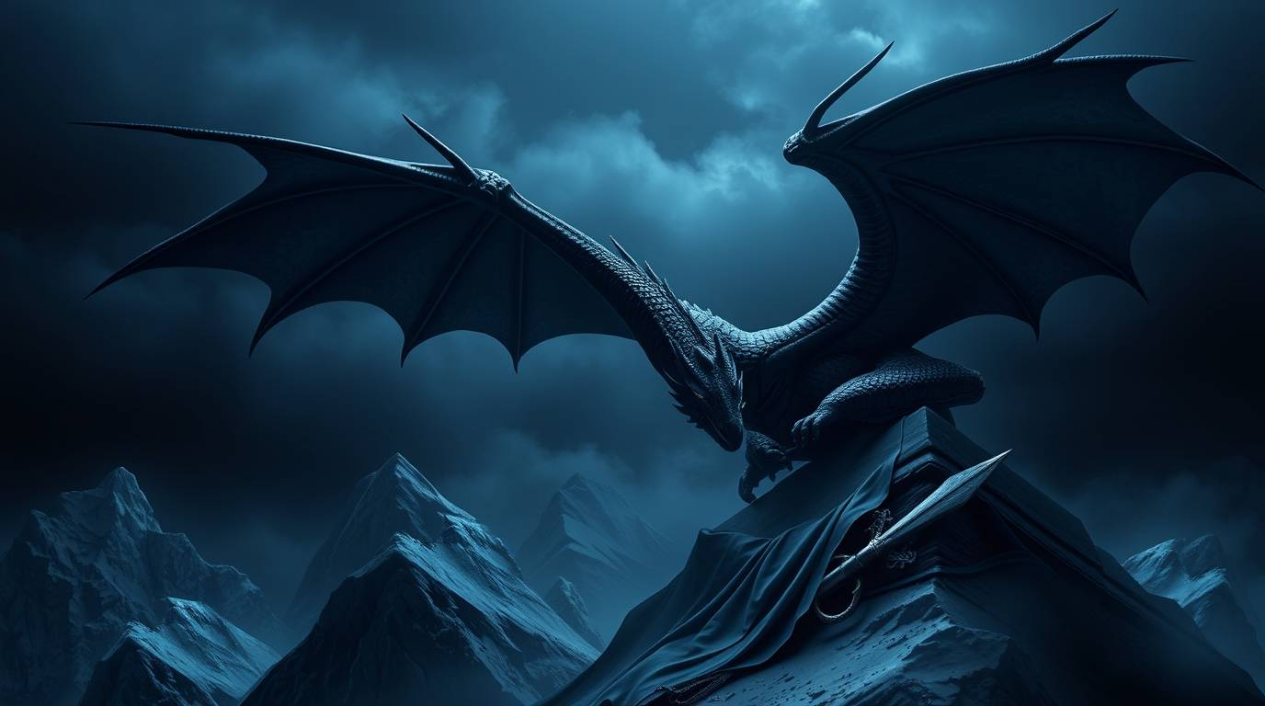 Experience a dreamlike realm of intense jet-black imagery featuring a graceful and elegant dragon and rider soaring above icy