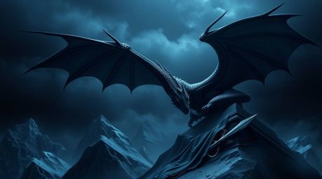 Experience a dreamlike realm of intense jet-black imagery featuring a graceful and elegant dragon and rider soaring above icy