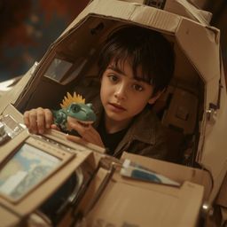 Exquisite high-fashion photography captures a young boy with bright eyes, building an intricately designed cardboard spaceshi