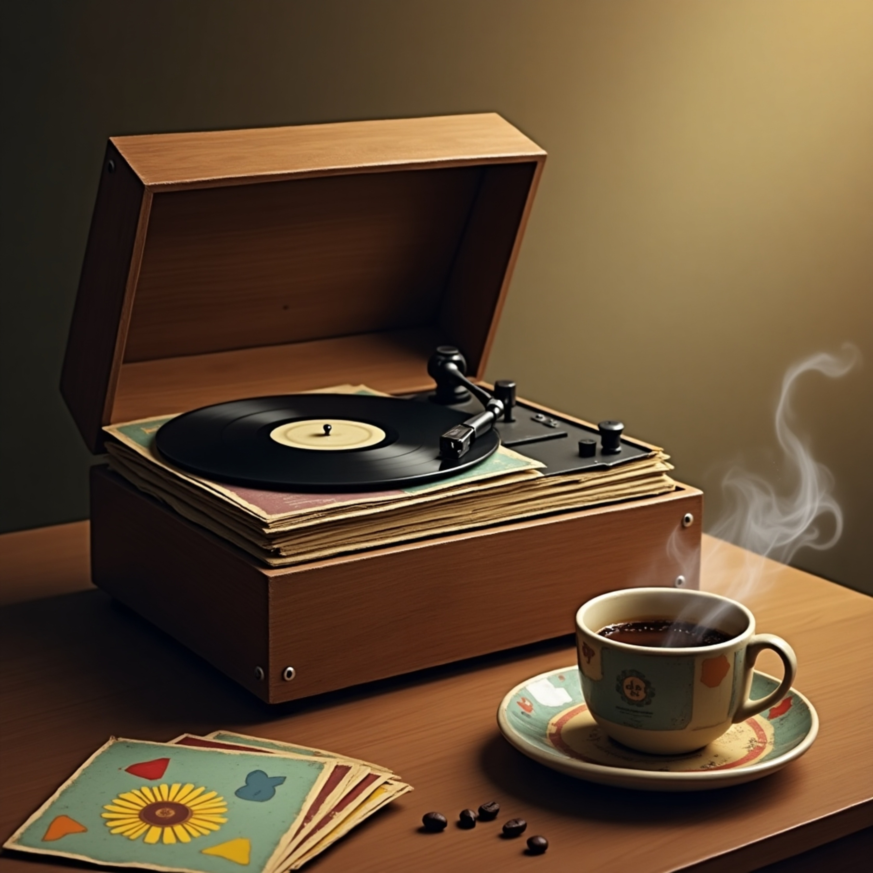 A captivating scene featuring a well-worn wooden record player, its lid slightly ajar, nestled amidst a collection of vintage