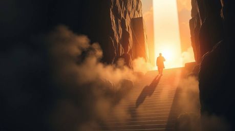 A cinematic depiction of a lone figure undertaking a heroic ascent up a stone staircase towards a radiant beam of divine ligh