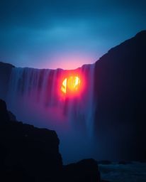 A cool color photograph captures an eerie and creepy atmosphere of a sun setting behind a dramatic waterfall. Despite the war