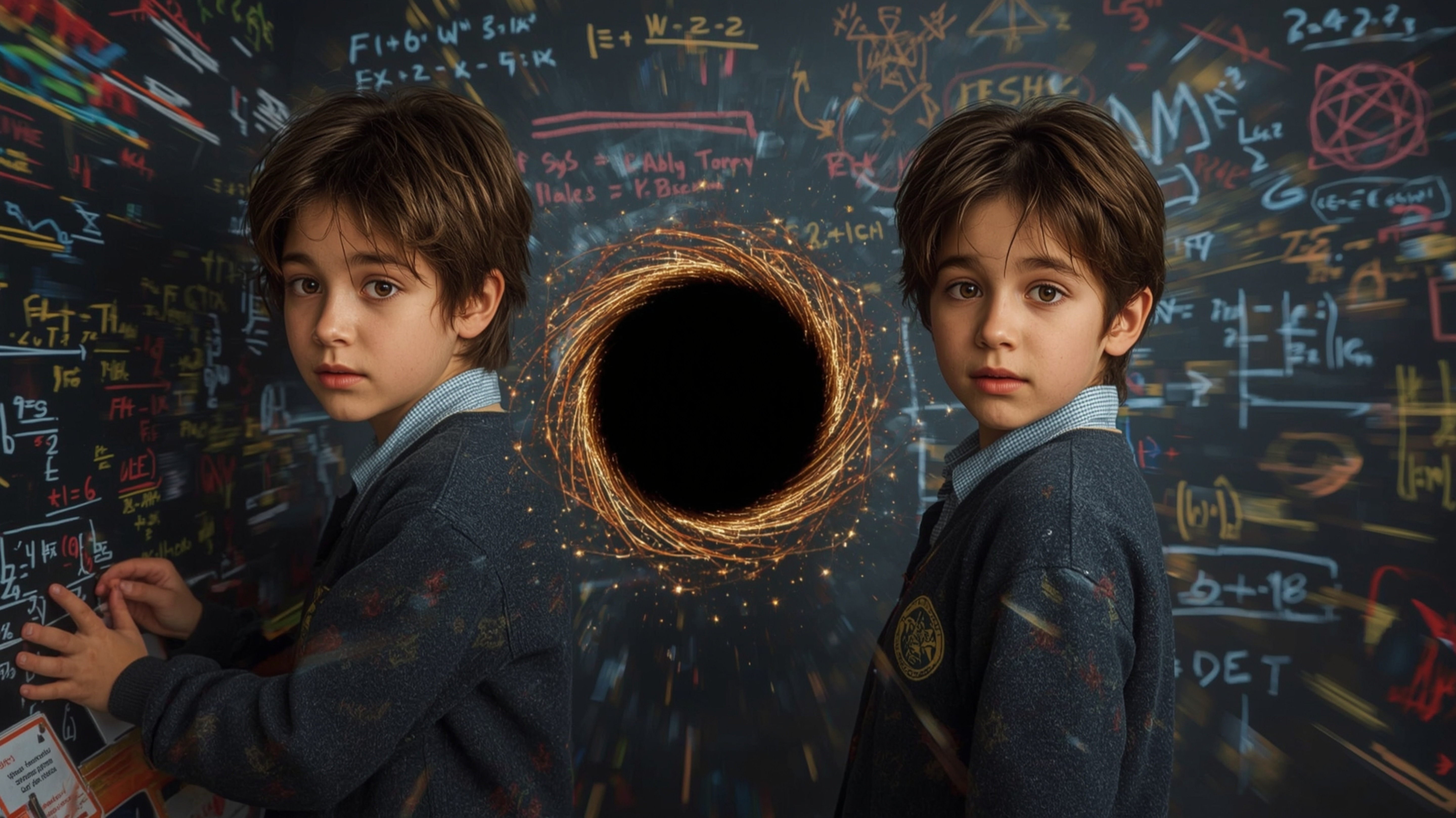 A highly dramatic, cinematic photograph captures two 12-year-old science fair contestants in a moment of chaotic discovery. R