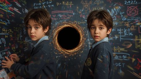 A highly dramatic, cinematic photograph captures two 12-year-old science fair contestants in a moment of chaotic discovery. R