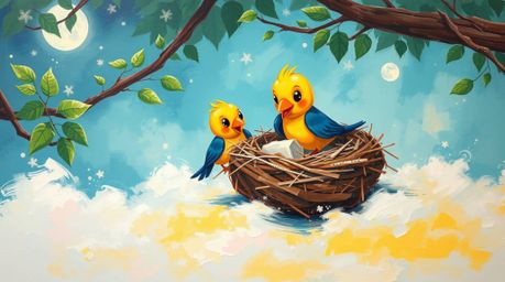 This captivating acrylic painting depicts two cartoon birds diligently building a nest in a classic animation style, set with