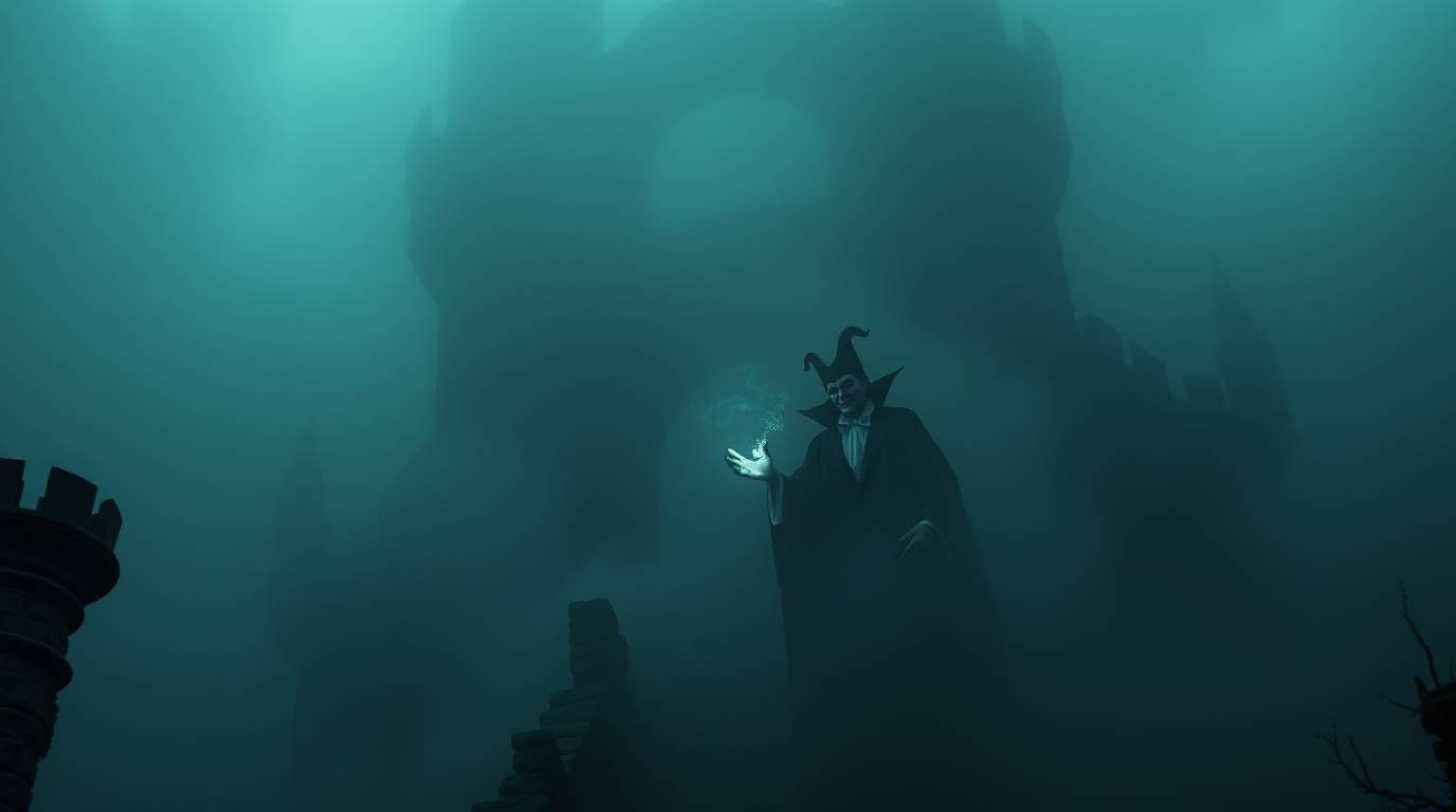 A captivating surreal image depicts a Disney villain shrouded in thick fog, casting a spell within a crumbling castle.  The l