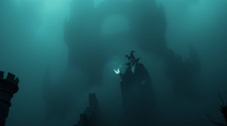 A captivating surreal image depicts a Disney villain shrouded in thick fog, casting a spell within a crumbling castle.  The l