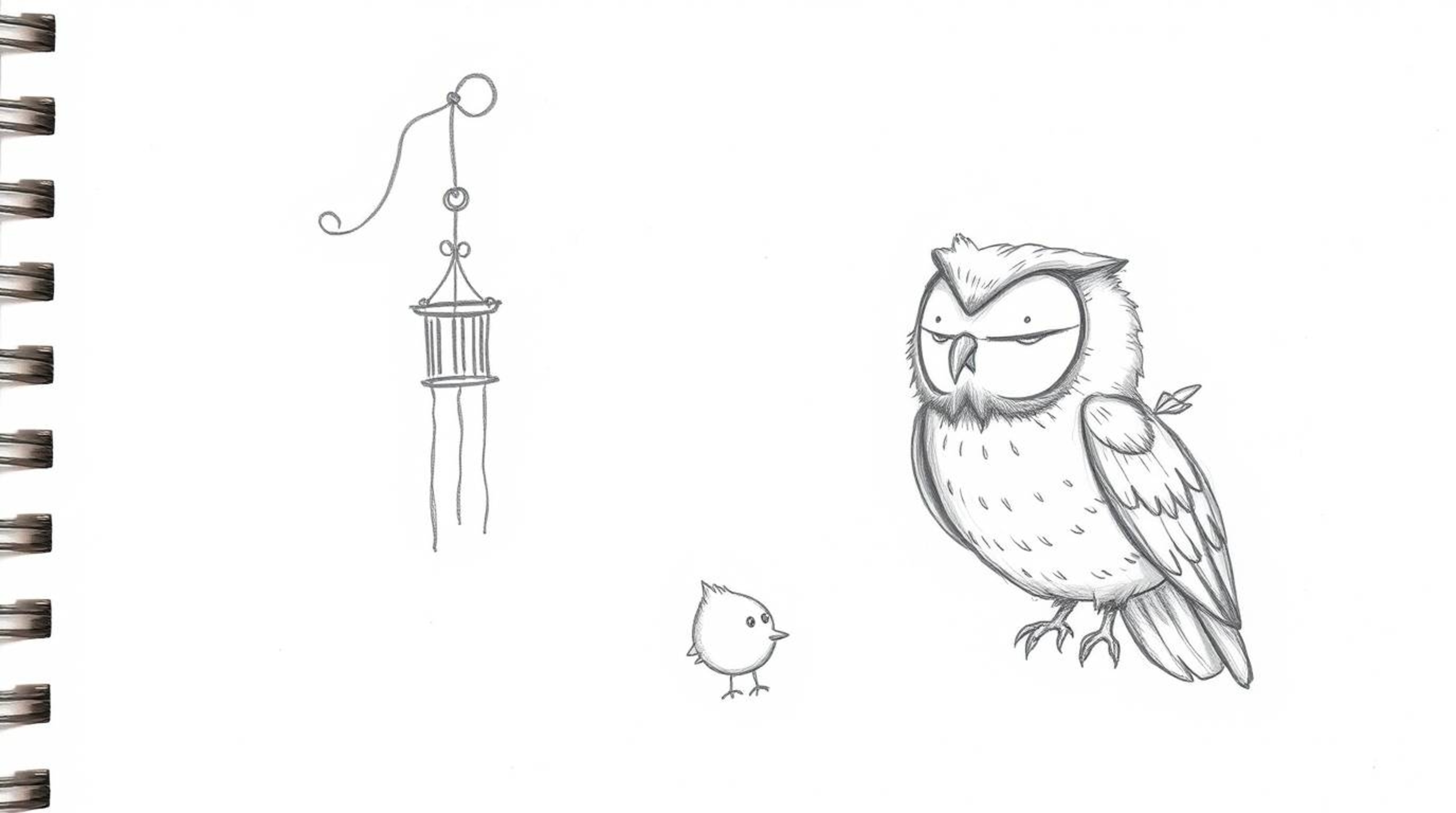 A heartwarming hand-drawn sketch in the style of Pixar portrays a wise, blind owl with soft, feathery textures compassionatel