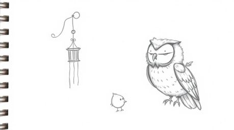 A heartwarming hand-drawn sketch in the style of Pixar portrays a wise, blind owl with soft, feathery textures compassionatel