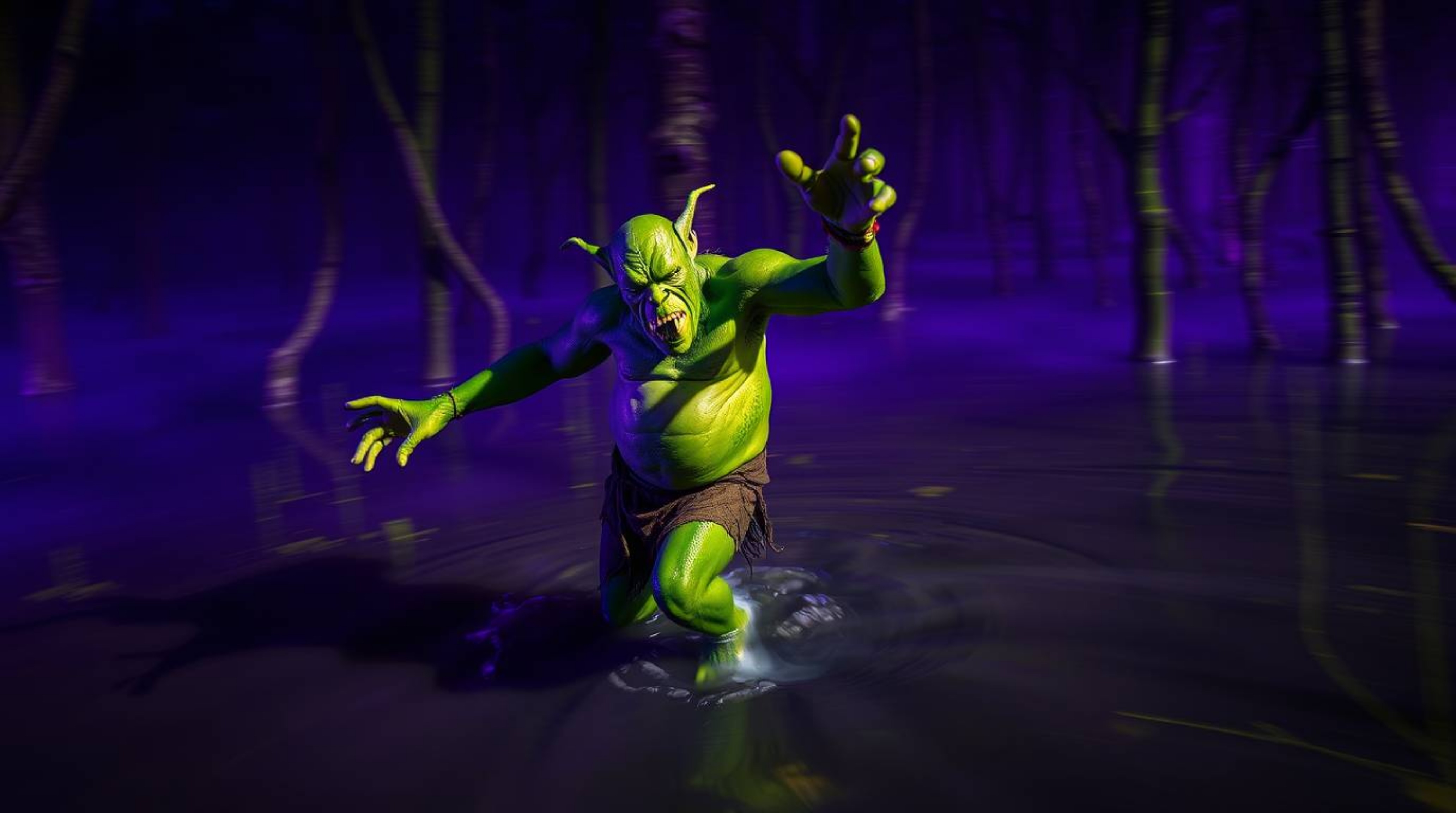 A captivating long-exposure photograph depicts an ogre performing a vibrant dance within a swamp.  The image showcases deep u