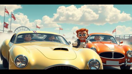 Immerse yourself in a graceful yet wacky racing scene featuring outlandish cars with refined features. The image is brought t