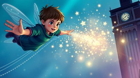 A captivating digital painting of a young boy with pixie dust soaring above the iconic cityscape of London. Rendered in a coo