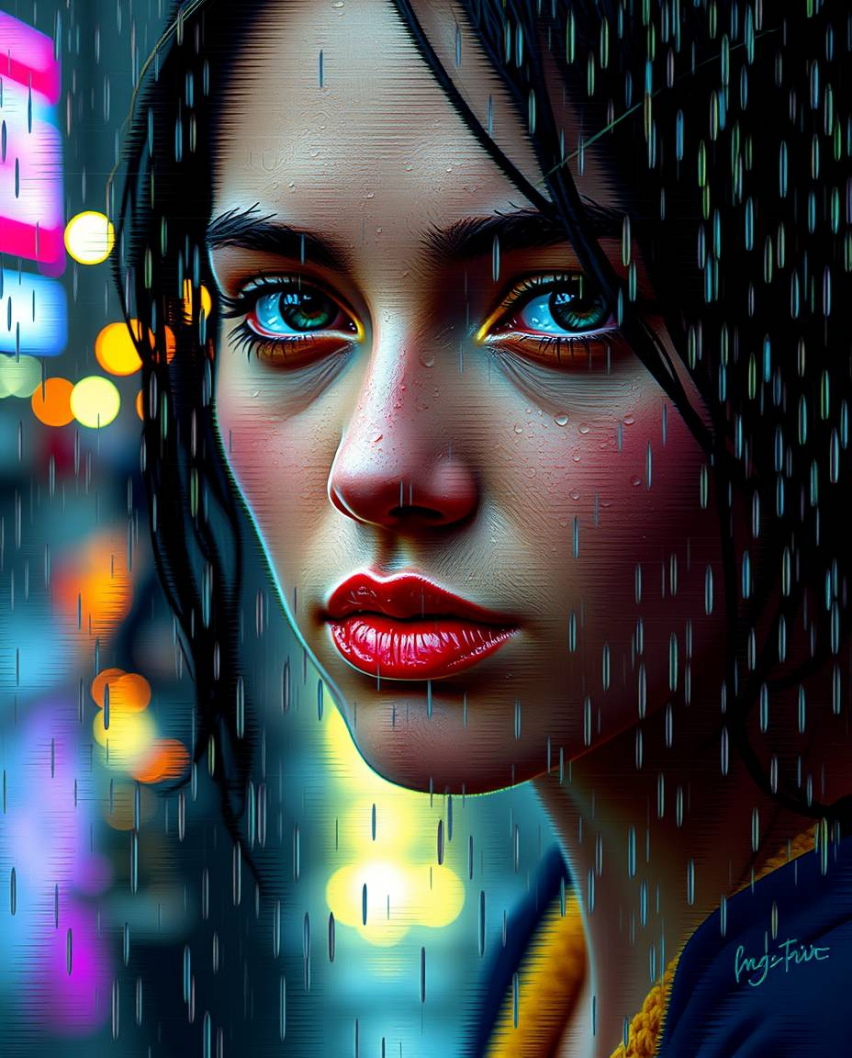 Explore the mesmerizing beauty of a wet and rainy scene portrayed through digital glitch art. This portrait showcases corrupt