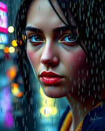Explore the mesmerizing beauty of a wet and rainy scene portrayed through digital glitch art. This portrait showcases corrupt