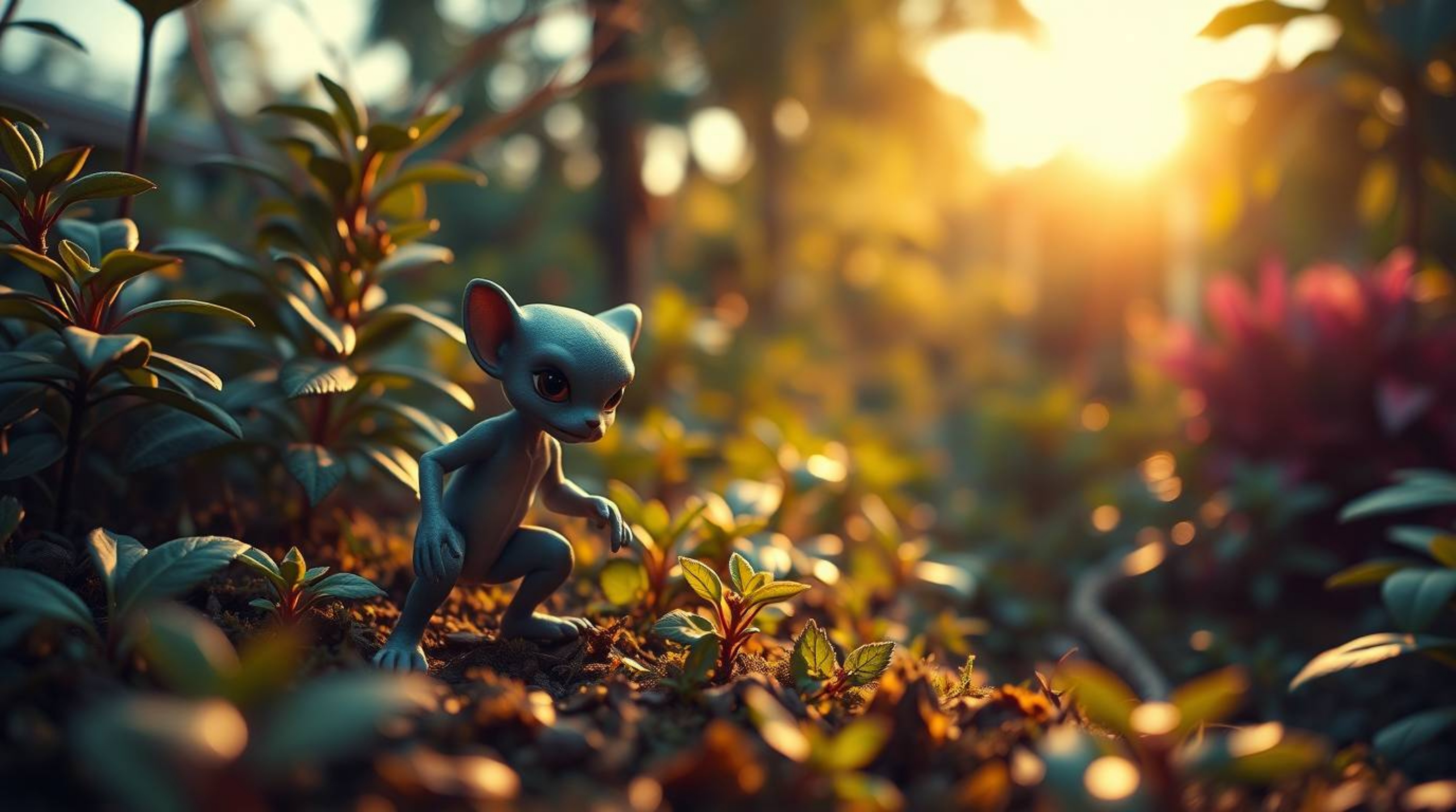 Discover the breathtaking adventure of a minuscule hero navigating a vibrant backyard jungle.  This captivating scene showcas