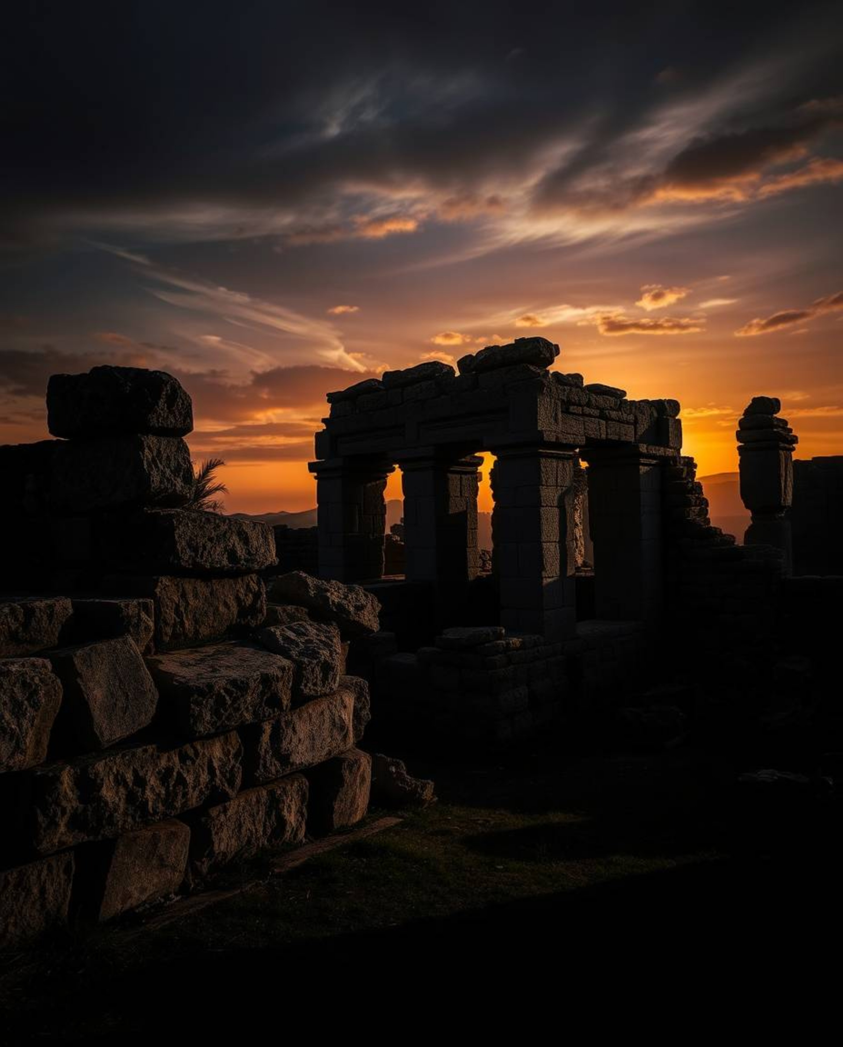 Experience ancient stone ruins at sunset, depicted with powerful chiaroscuro lighting that creates a moody and evocative atmo
