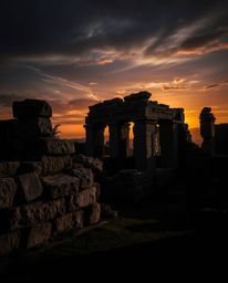 Experience ancient stone ruins at sunset, depicted with powerful chiaroscuro lighting that creates a moody and evocative atmo