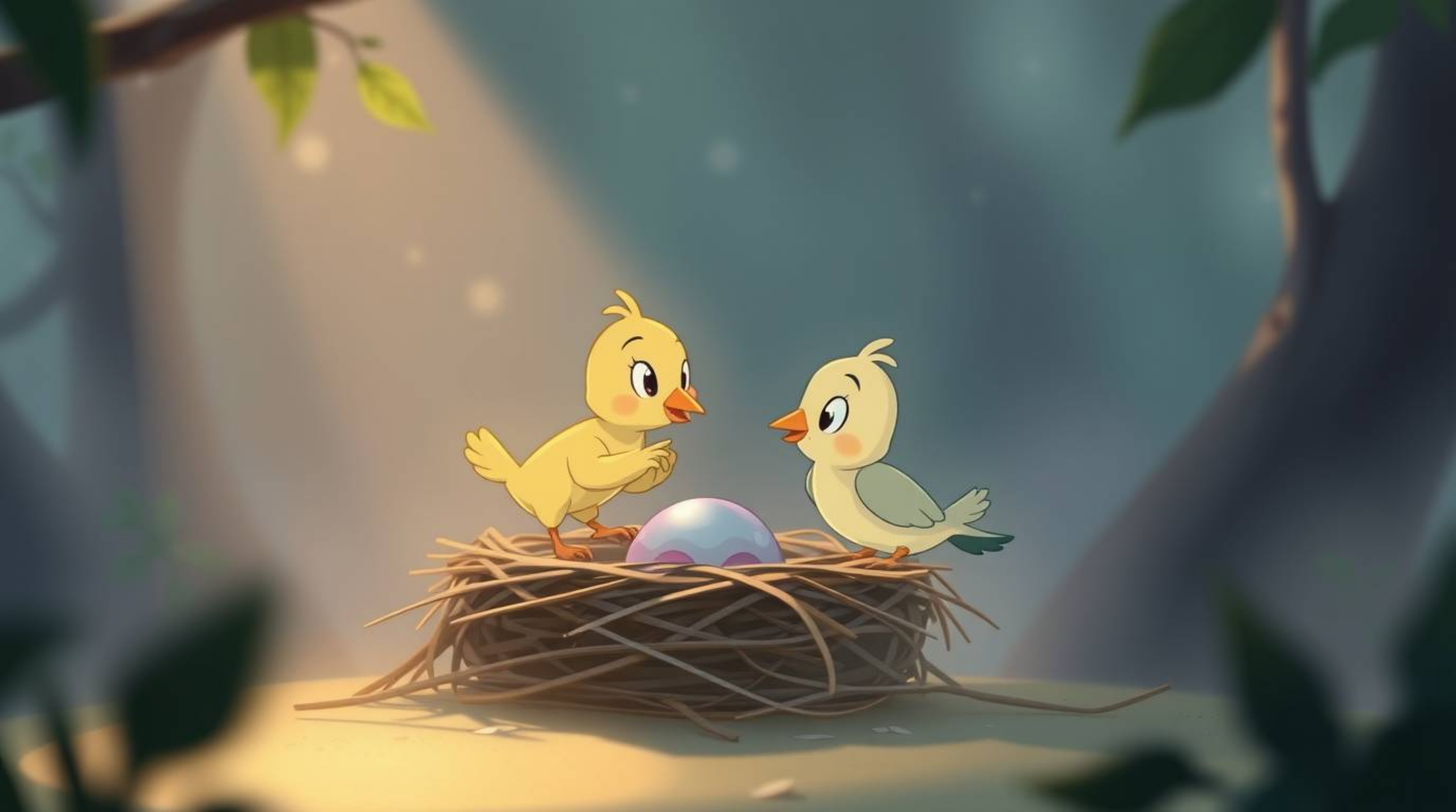 Delightful animation showcasing two cartoon birds meticulously constructing their nest. Rendered in a classic animation styl