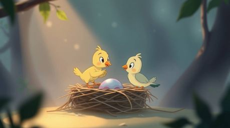 Delightful animation showcasing two cartoon birds meticulously constructing their nest.  Rendered in a classic animation styl