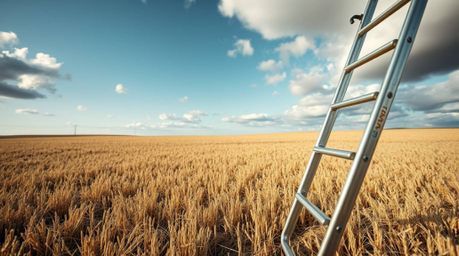 Explore minimalist beauty with this extreme macro close-up featuring a silver ladder standing alone in an open field under a 