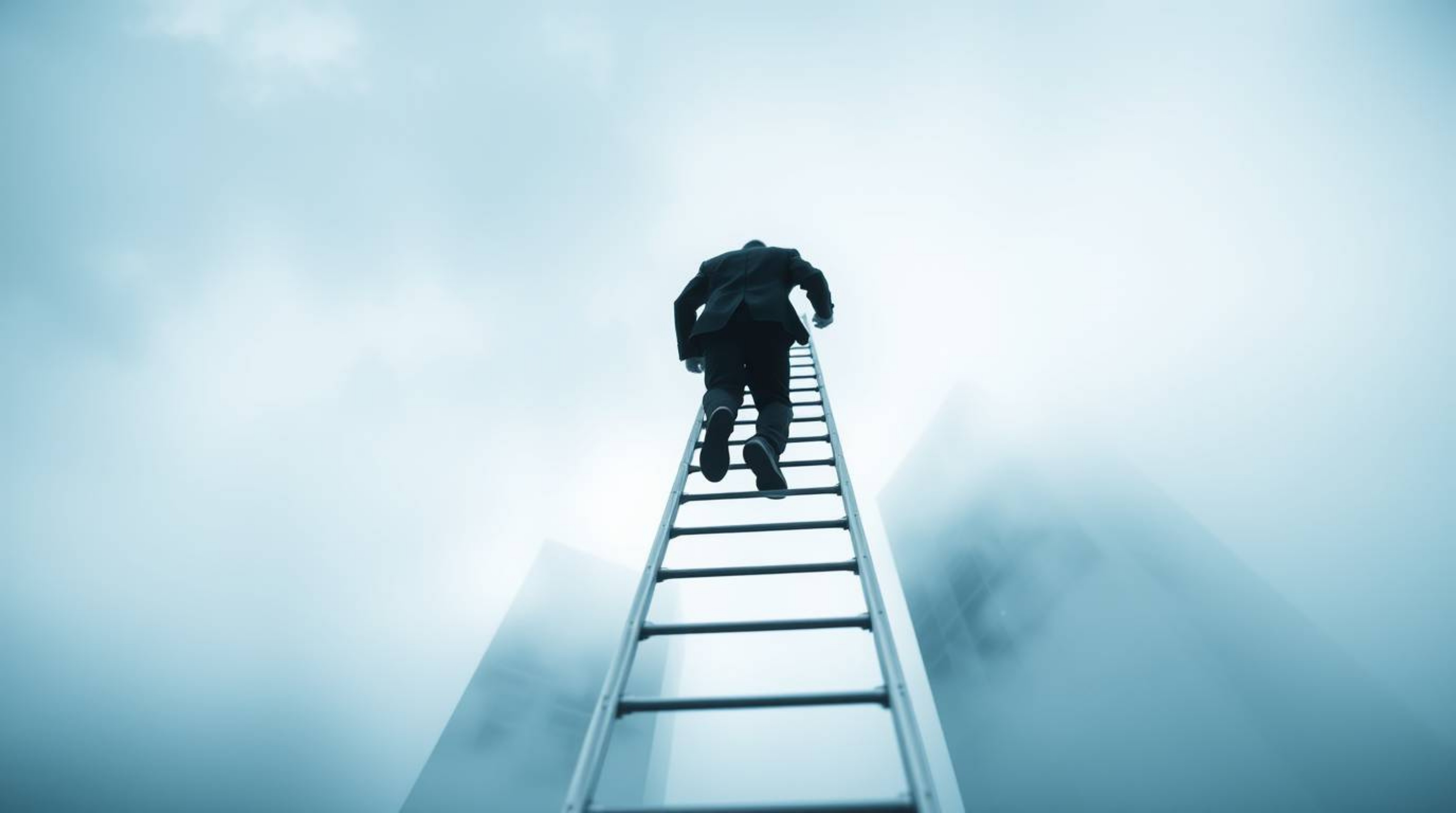 This striking black and white macro photograph captures the abstract concept of success. A businessperson ascends a transpare