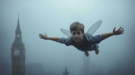 A captivating scene depicts a young boy with fair skin soaring above London, propelled by shimmering pixie dust. The image ev