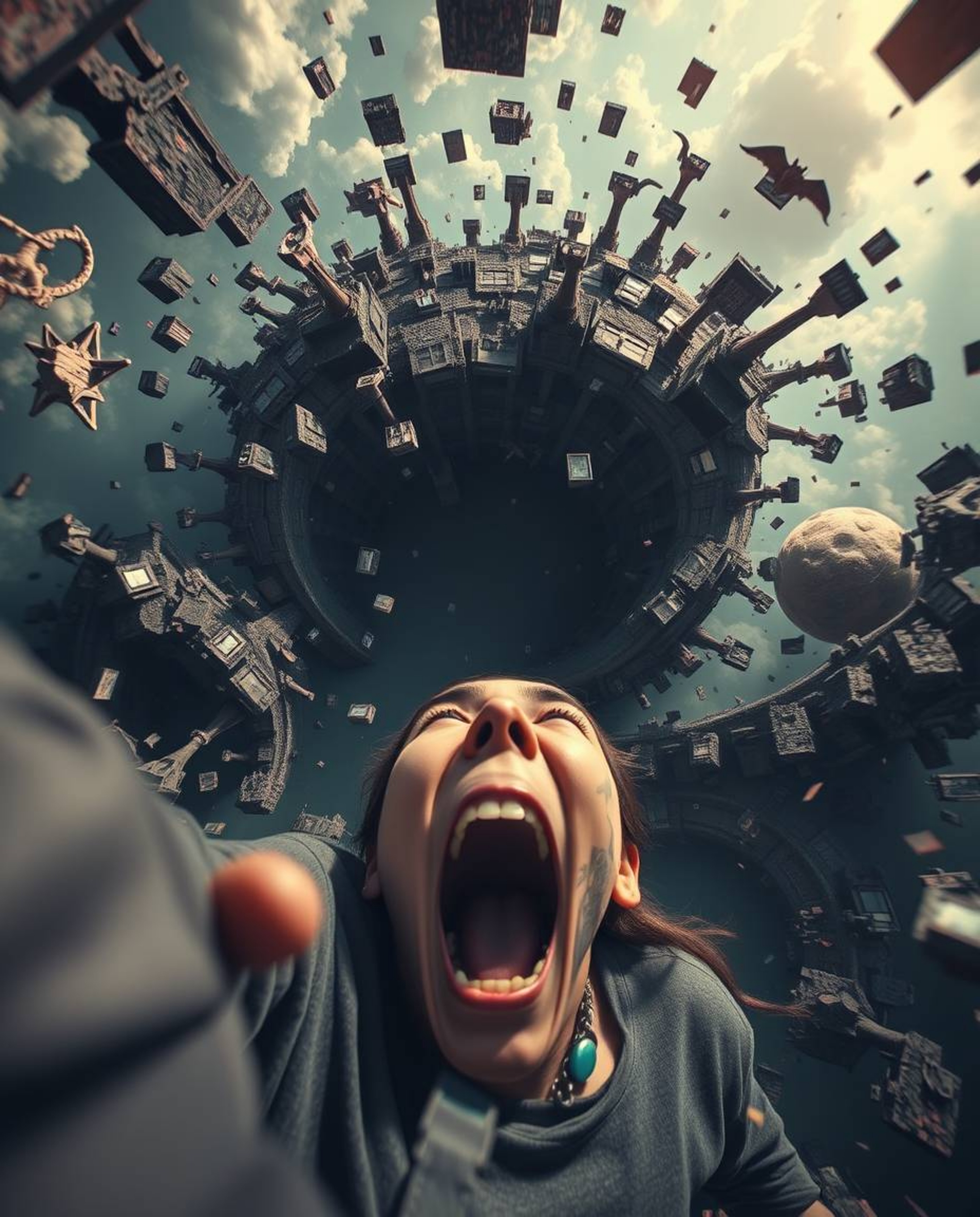 A surreal and unsettling digital artwork depicting a high-angle perspective of a person screaming as the world around them sh