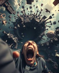 A surreal and unsettling digital artwork depicting a high-angle perspective of a person screaming as the world around them sh