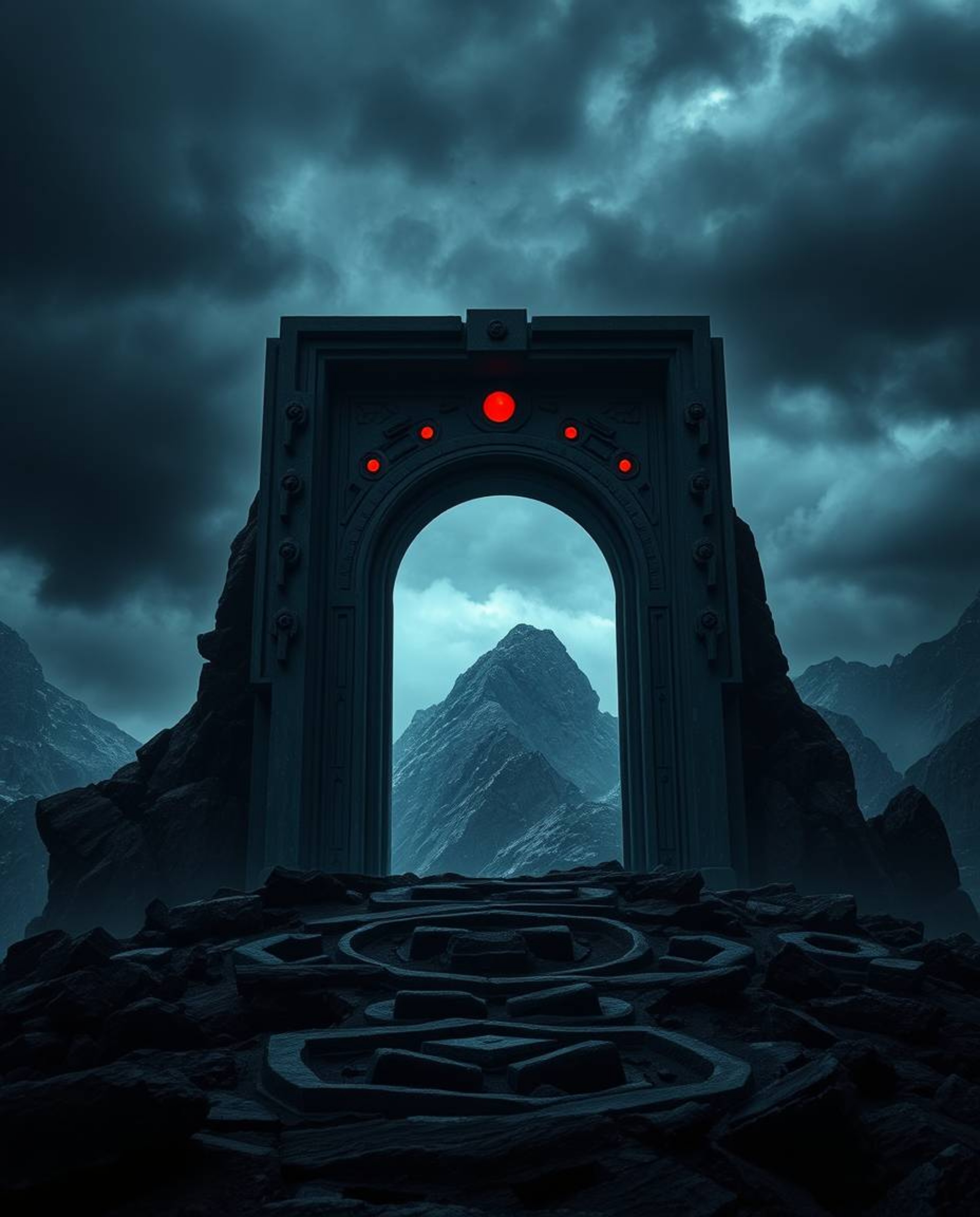 Explore a captivating scene of a futuristic sci-fi style ancient doorway adorned with glowing runes, nestled in the side of a