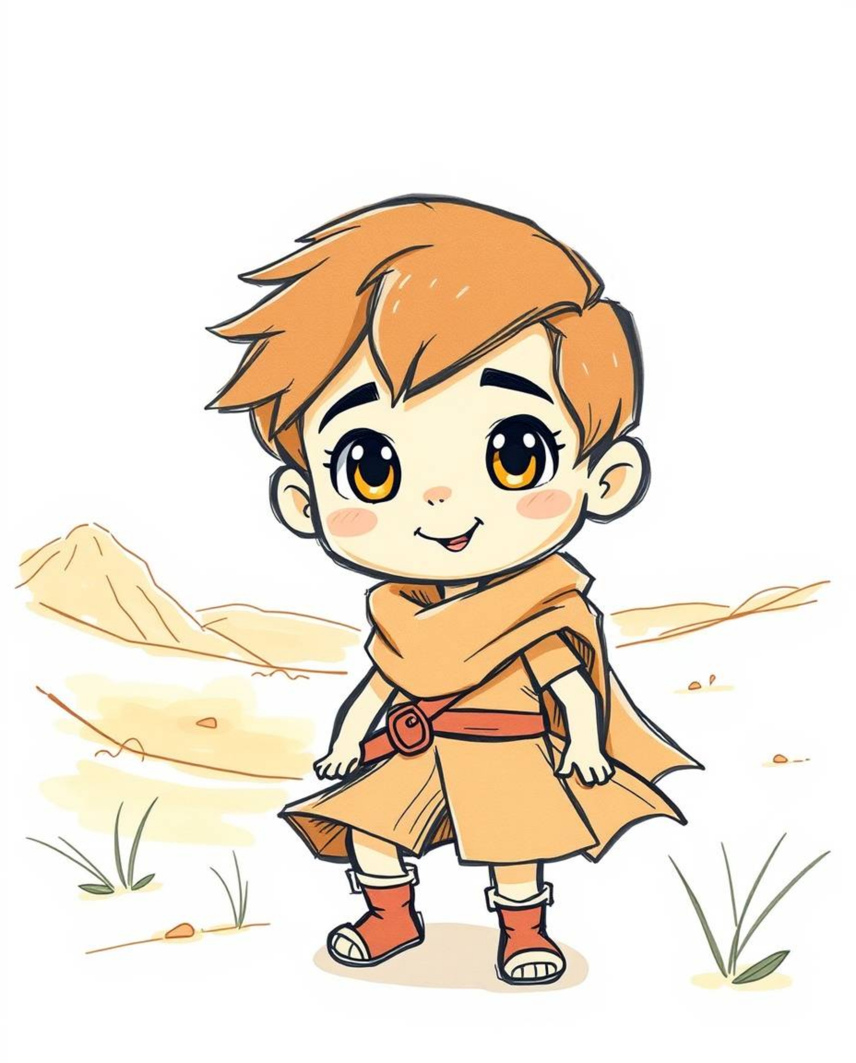A charming, hand-drawn sketch in a color sketchnote style depicts an adorable Disney-style hero embarking on a thrilling dese