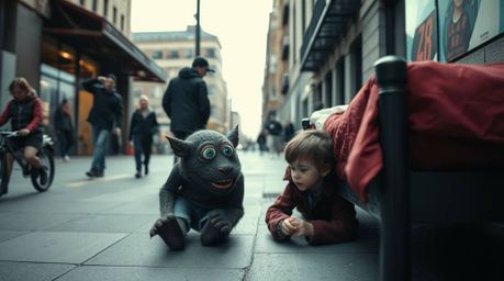 A captivating street photograph depicts an unexpected friendship between a child and a monster under a bed, set against a vib