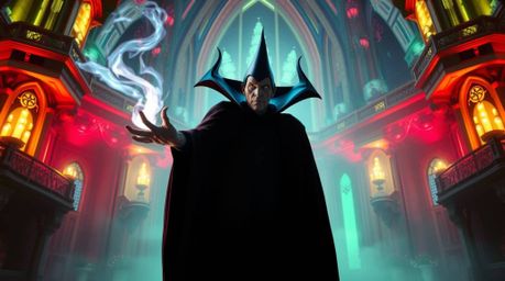 A classic Disney villain unleashes a spell within a futuristic, grand castle, awash in bioluminescent glow. The scene is epi