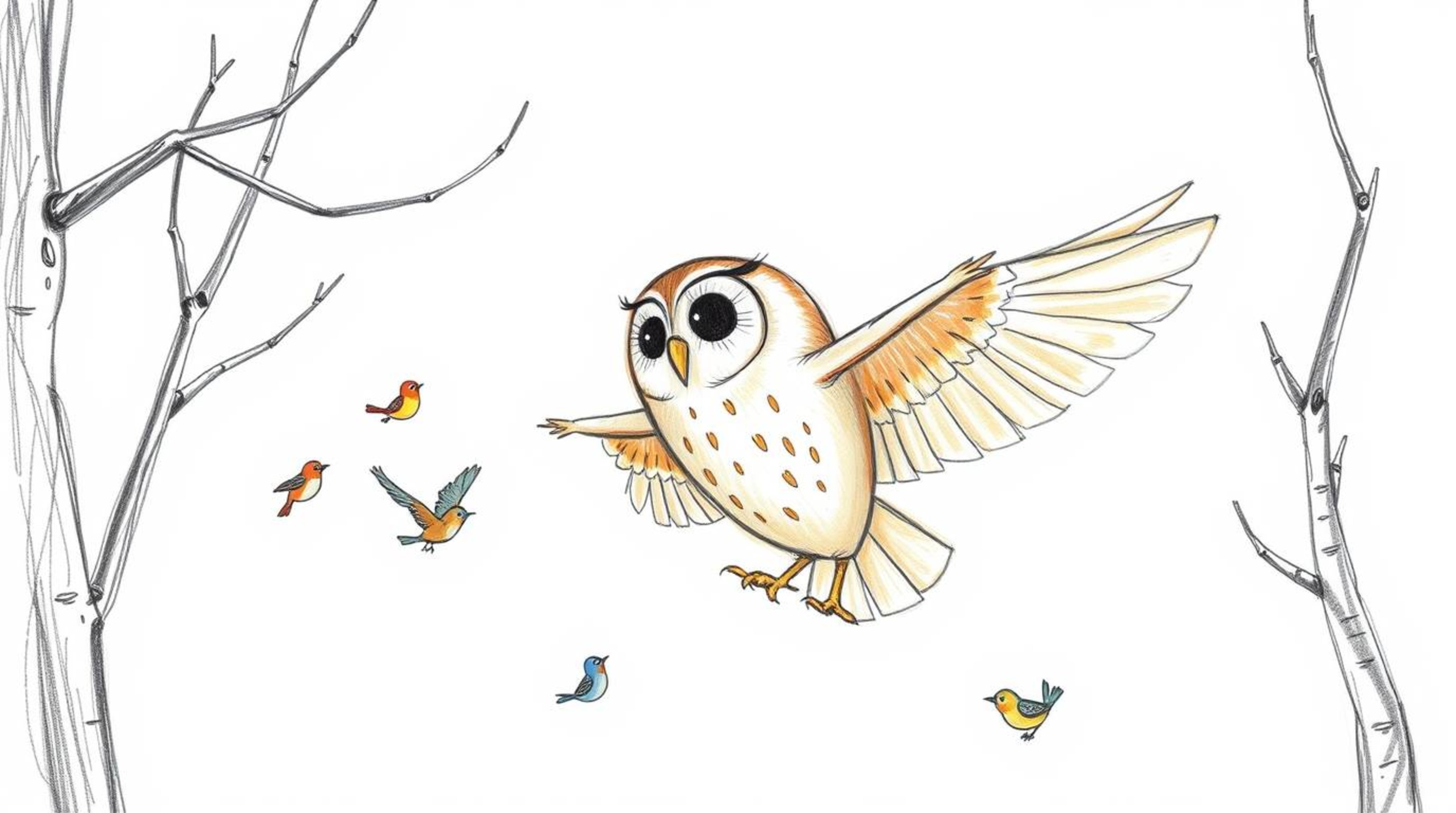 A heartwarming hand-drawn sketch in the style of Pixar portrays a blind owl gracefully gliding between trees, sharing its wis